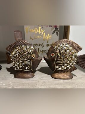 Pair of Hand-Carved Wooden Fish Sculptures – Mosaic Inlay Coastal Décor